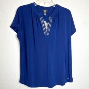 NEW Jones of New York Navy Split-Neck Gold Studded Blouse Size Medium